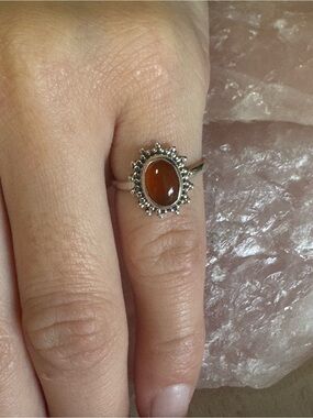 Carnelian Sterling Silver Halo Gemstone Ring - size 4.5